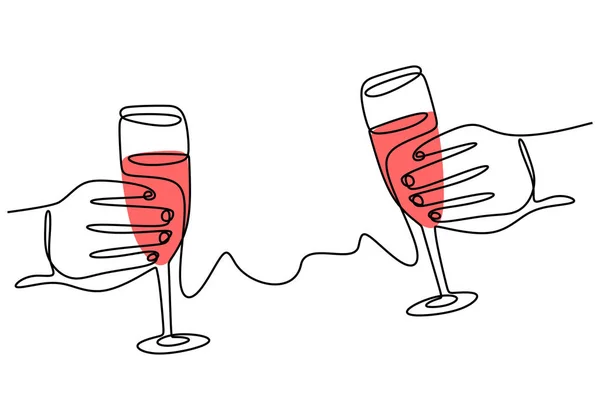 Disegno continuo di una linea di mani tifo con bicchieri di champagne o vino — Vettoriale Stock