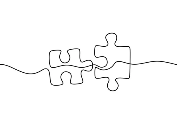 Beyaz arka planda iki yapboz parçasının sürekli bir çizgi çizimi. Bulmaca oyunu sembolü ve problem çözme, çözüm ve strateji metaforu. — Stok Vektör