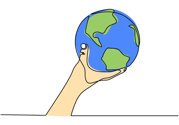 Desenho de linha contínua de mão segurando globo terrestre ou mundo. minimalismo vetorial única mão desenhada esboço lineart . — Vetor de Stock