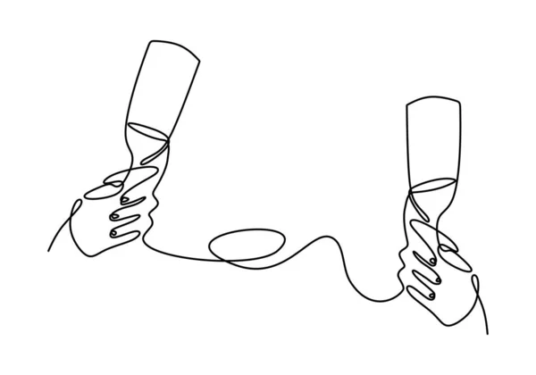 Ununterbrochene Zeilenzeichnung der Hände, die mit Weingläsern jubeln. Symbol der Feier Essen und Trinken Thema. — Stockvektor