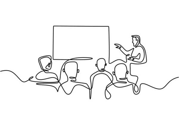 Непрерывный однострочный рисунок группы людей на презентационной встрече. Докладчик беседует с аудиторией в зале семинара . — стоковый вектор