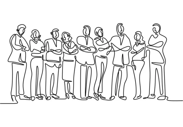 Uma linha de desenho da equipe de negócios de pé juntos. Trabalhadores contínuos esboço desenhado à mão minimalista . —  Vetores de Stock