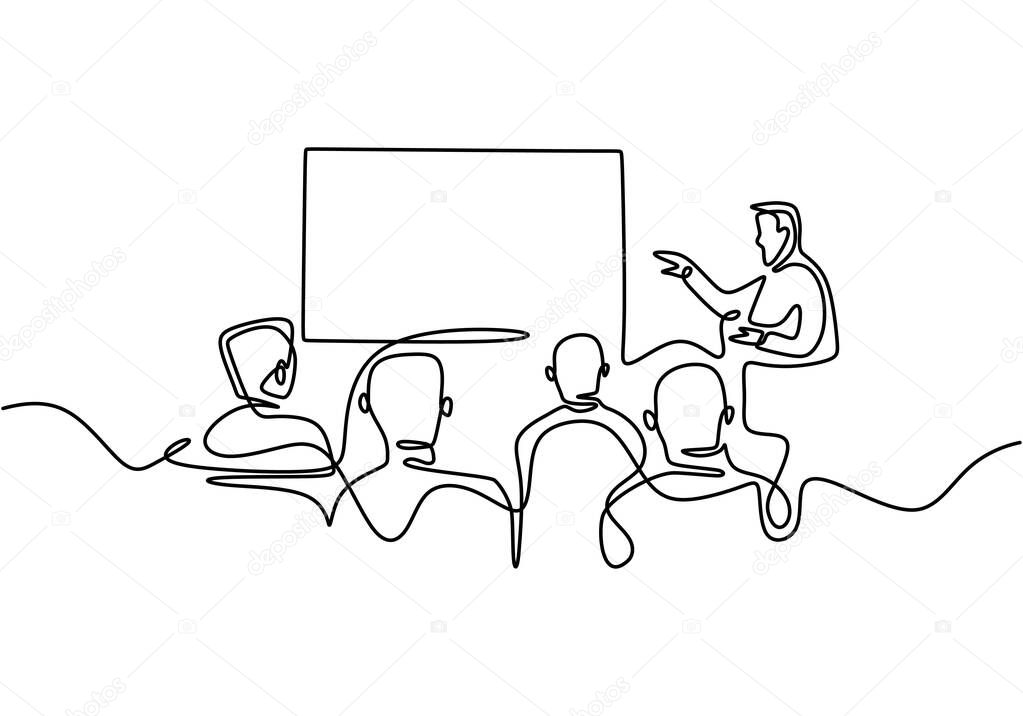 Continuous one line drawing of group people at presentation meeting. Presenter talking to audience at seminar room.