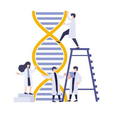 Bilim yassı dijital vektör çizimi. Bilim adamları araştırma ve geliştirme için büyük DNA ile deney yapıyorlar. Uygulama, web sitesi ve afiş için genetik mühendisliği metaforu.