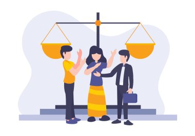 vector illustration of divorce theme, Clients and lawyers people flat digital style with balance law. Metaphor concept of conflict between husband and wife in court during the judge. clipart