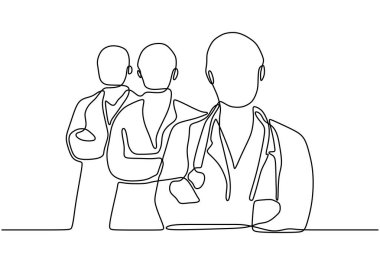 Doktor ekibinin sürekli vektör çizgisi. Tıp insanları grubunun minimalizm tasarımı. Vektör illüstrasyonu beyaz arkaplanda izole edildi.