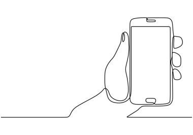 İletişim için el ele tutuşan akıllı telefon ya da cep telefonu cihazı. Sürekli bir çizgi minimalizm çiziyor. Teknoloji iletişim iş aygıtı.