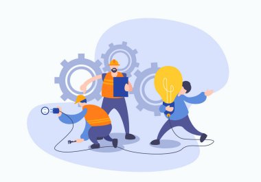 Bir grup genç iş adamı işbirliği yapıyor, sorunları çözüyorlar, yaratıcı fikir, beyin fırtınası ve takım çalışması kavramını düşünüyorlar. Mühendis veya işçi düz biçim vektör çizimi.