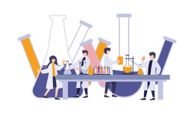 Bilim adamı tüplerle, erlenmeyer matarasıyla ve reaksiyonla bir deney yapıyor. Vektör illüstrasyon düz dijital karikatür araştırma laboratuvarı. Bilimsel, tıbbi, biyoloji, kimya ve fizik laboratuvar çalışmaları.