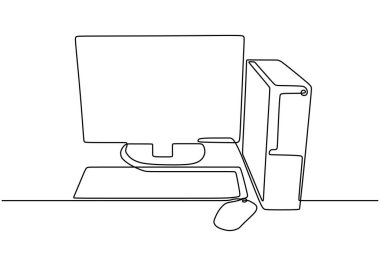 Bilgisayar aralıksız çizgi çiziyor. İşlemci ve Minimalist Teknoloji Konsepti. Beyaz arkaplanda vektör illüstrasyonu elektronik nesne.