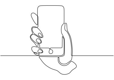 İletişim için el ele tutuşan akıllı telefon ya da cep telefonu cihazı. Sürekli bir çizgi minimalizm çiziyor. Teknoloji iletişim iş aygıtı.
