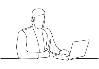 Bilgisayarla çalışan biri. Sürekli bir çizgi çiziyor. Tek elle çizilmiş minimalizm tarzı.