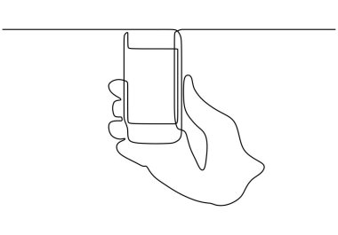 İletişim için el ele tutuşan akıllı telefon ya da cep telefonu cihazı. Sürekli bir çizgi minimalizm çiziyor. Teknoloji iletişim iş aygıtı.