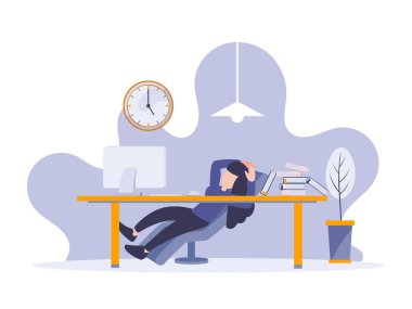 Tembel işadamı iş yerinde sandalyede dinleniyor. Geç saatlere kadar çalışan kişinin vektör çizimi düz dijital tasarım tarzı. Genç adam sıkı çalışmadan sonra ofiste dinleniyor..