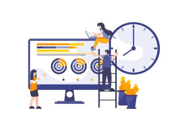 İş geliştirme ve yaratıcı sunum ekibi internette çalışan bir kızla çalışıyor. Bitiş tarihi, analiz ve iş görevi kavramı.