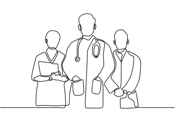 Continuous vector line drawing of team of doctors. Minimalism design of medical people group. Vector illustration isolated on white background. — 스톡 벡터