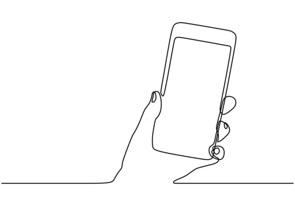 Hand phone line drawing. Hand holding smartphone mobile gadget. One continuous hand drawn sketch lineart. — 스톡 벡터