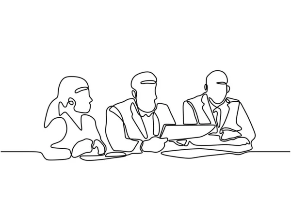 Trazado continuo de la línea de los trabajadores de oficina en la reunión de negocios. Grupo de personas colaboran y discuten una estrategia . — Vector de stock