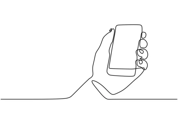 Dessin de ligne de téléphone main. Main tenant smartphone gadget mobile. Un croquis continu dessiné à la main lineart . — Image vectorielle