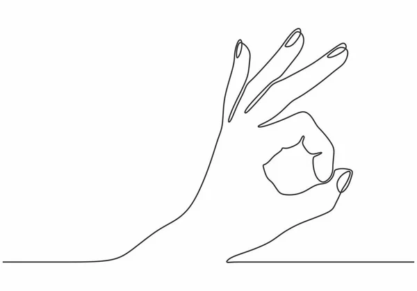 Dibujo de una línea de la mano que muestra gesto OK. Contorno dibujado a mano lineal simple minimalismo estilo continuo . — Vector de stock