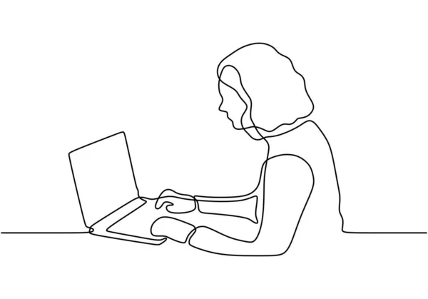 Pessoa que trabalha com laptop. Desenho contínuo de uma linha. Estilo de minimalismo desenhado à mão única . —  Vetores de Stock