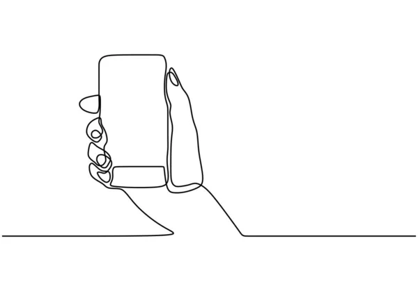 Hand phone line drawing. Hand holding smartphone mobile gadget. One continuous hand drawn sketch lineart. — 스톡 벡터