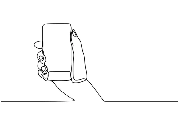 Dibujo de la línea telefónica de mano. Mano celebración de teléfono inteligente gadget móvil. Un boceto continuo dibujado a mano lineal . — Vector de stock