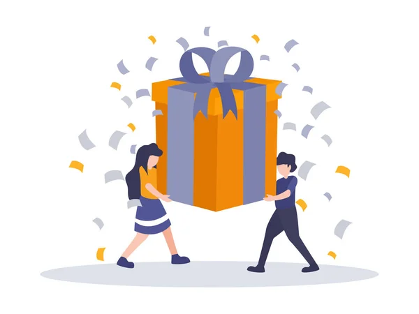 Recompensa en línea, Grupo de personas felices reciben un concepto de ilustración de vectores de caja de regalo. Ilustración vectorial digital plana. Joven hombre y mujer levantando y levantando un gran regalo. Tema del programa de referencia . — Vector de stock