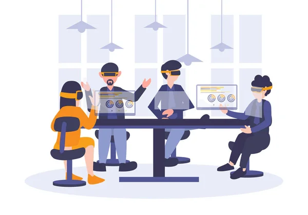 Business people talking and meeting using virtual reality technology glasses. Futuristic cyber gadget internet industrial revolution. Businessman and businesswoman sitting. Vector flat illustration. — Stock Vector