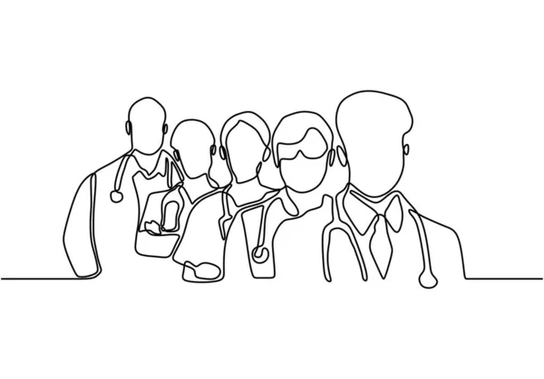 医生团队的连续矢量线绘图。 医疗人员群体的简约设计. 在白色背景上孤立的向量图. — 图库矢量图片