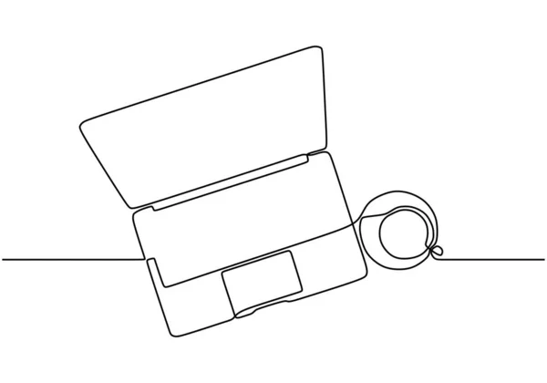 Laptop e café uma linha desenho design minimalista. Objeto vetorial isolado no fundo branco . —  Vetores de Stock