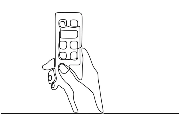 Mão segurando remoto. Desenho de linha contínua. Um tema de tecnologia minimalista desenhado à mão . — Vetor de Stock