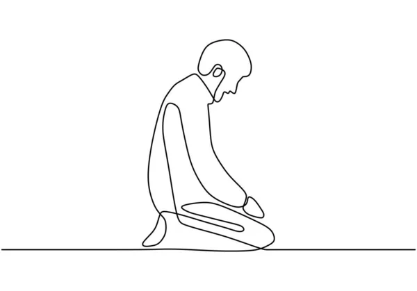 Continuous line drawing muslim prayer. Person doing Salah, Salaah or Salat is the second of the Five Pillars in the Islamic faith. Vector minimalism illustration with simple hand drawn. — 스톡 벡터