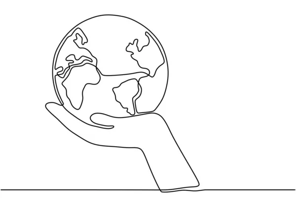 Mão segurando globo terrestre um desenho de linha. Desenho de contorno contínuo desenho à mão desenho ilustração vetorial . — Vetor de Stock