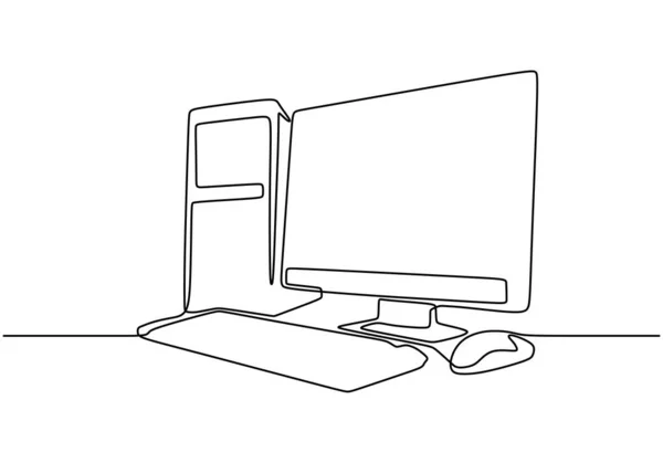 Computadora línea continua dibujo. CPU y monitor concepto de tecnología minimalista. Ilustración vectorial objeto electrónico sobre fondo blanco . — Archivo Imágenes Vectoriales