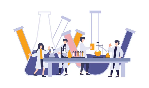 Scientist working an experiment with tubes, erlenmeyer flask, and reaction. Vector illustration flat digital cartoon research laboratory. Lab work of science, medical, biology, chemistry, and physic.