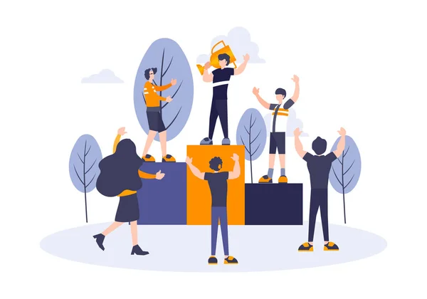 Business flat people. Happy standing man raising champion trophy. people stand on the podium first, second and third place. best score winner prize. Vector illustration flat design. — 스톡 벡터