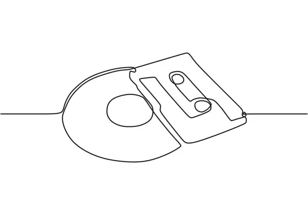 Pásková kazeta a CD nebo kompaktní disk. Průběžný jednořádkový výkres minimalistického designu. — Stockový vektor