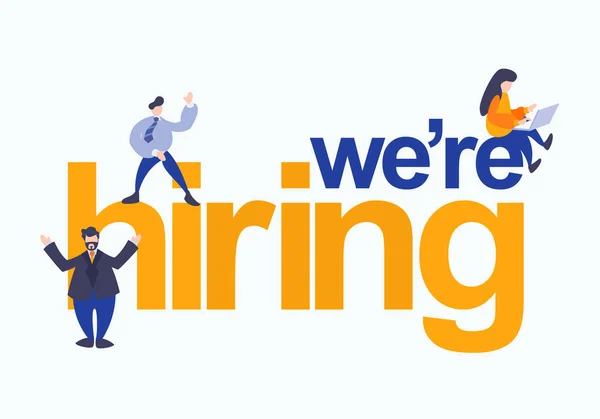 Join our team, we are hiring image, concept vector illustration of a group of young people with giant text fonts. — Stock Vector