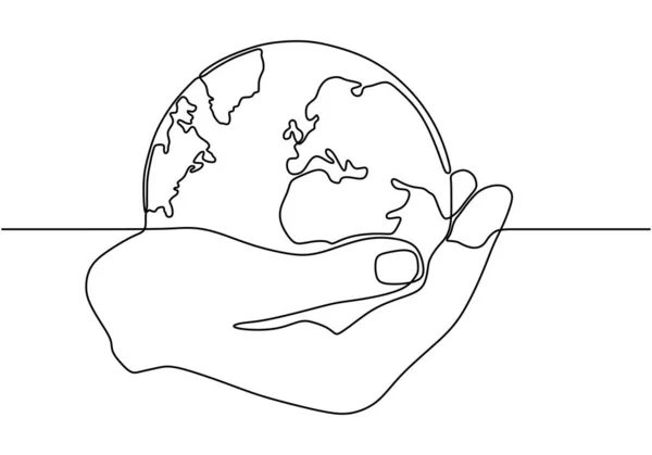 Dibujo continuo de una línea de mano sosteniendo mundo globo. Concepto de conservación de la tierra y la ecología . — Vector de stock