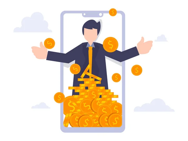 Business flat people illustrazione vettoriale. Uomo d'affari raccogliere soldi da app mobile. Concetto di design su persone che utilizzano i loro telefoni come portafogli elettronici. Colorata metafora dei cartoni animati . — Vettoriale Stock