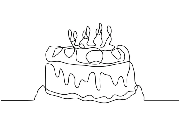 Desenho contínuo de uma linha de bolo de aniversário com velas leves — Vetor de Stock