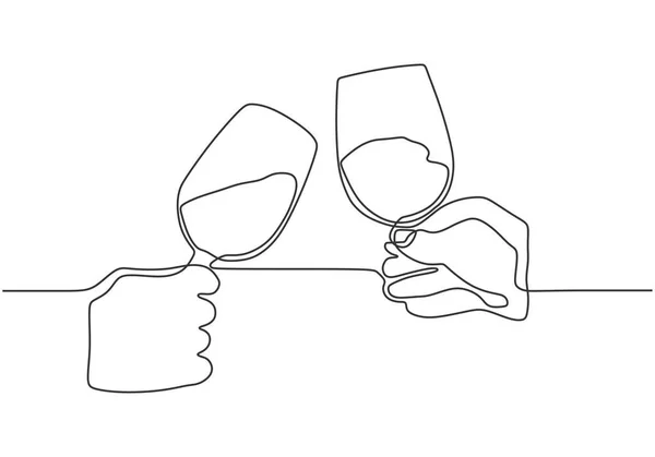 Continuous one line drawing. Hands cheering with glasses of champagne. Single hand drawn sketch lineart. Minimalism vector illustration party and celebration theme. — Stock Vector
