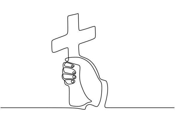 Sürekli Hristiyanlık çizgisi. Hıristiyan haç sembolü olan el. Bir elle çizilmiş taslak minimalizmi tamamla. — Stok Vektör