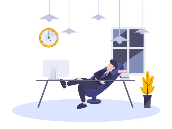 Homem de negócios preguiçoso descansando sentado na cadeira no local de trabalho. Ilustração vetorial estilo de design digital plana de pessoa trabalhando até tarde. Jovem inclinado e relaxante no escritório após o trabalho duro . —  Vetores de Stock