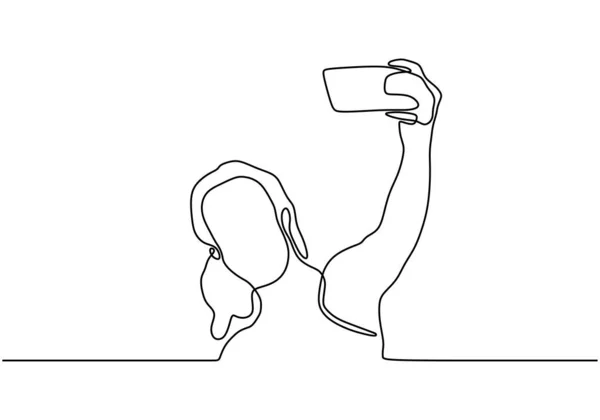 Chica tomar selfie continuo una línea de dibujo. Minimalismo vectorial dibujado a mano . — Archivo Imágenes Vectoriales