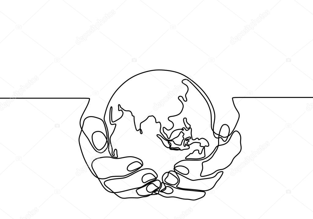 Hand holding earth globe one line drawing. Continuous contour hand drawn sketch design vector illustration.