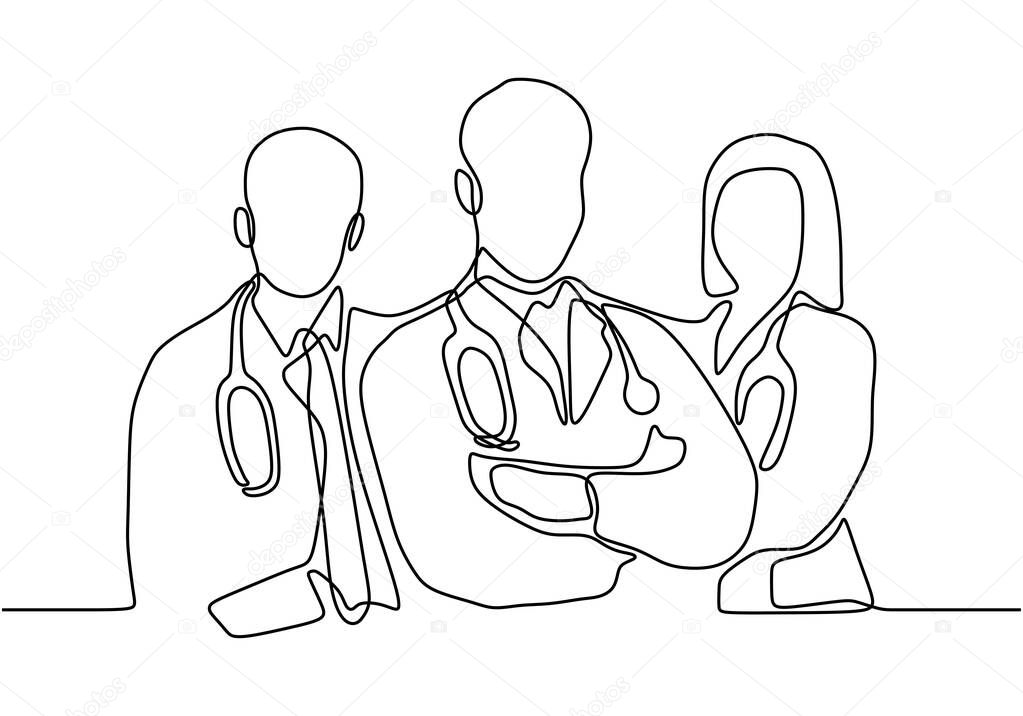 continuous vector line drawing of team of doctors. Minimalism design of medical people group. Vector illustration isolated on white background.