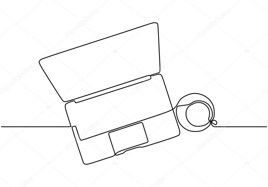 Laptop and coffee one line drawing minimalist design. Vector object isolated on white background.