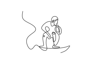 Tatil yapan sörfçülerin deniz dalgası. Sahilde sörf tahtasında duran bir sörfçü. Tek elle çizilmiş minimalizm sanatı.